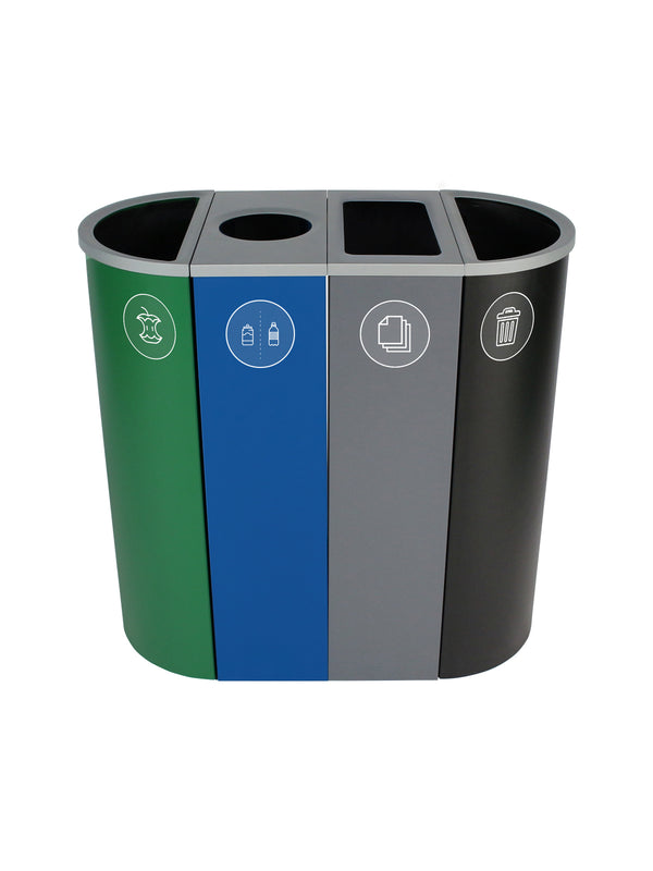 SPECTRUM - Quad - Organics-Cans & Bottles-Paper-Waste - Full-Circle-Slot-Full - Vert foncé-Bleu-Gris-Noir